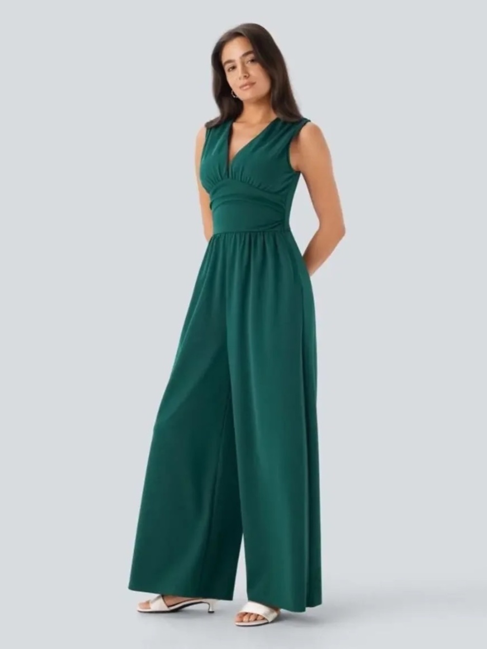 NWT Halara SculptKnit V-Neck Ruched Pocket Green Jumpsuit Bayberry Size 2X - Picture 2 of 10
